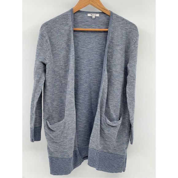 Madewell Cardigan Sweater Women XS Blue‎ White Stripes Open Long Sleeve Pockets - Picture 1 of 11